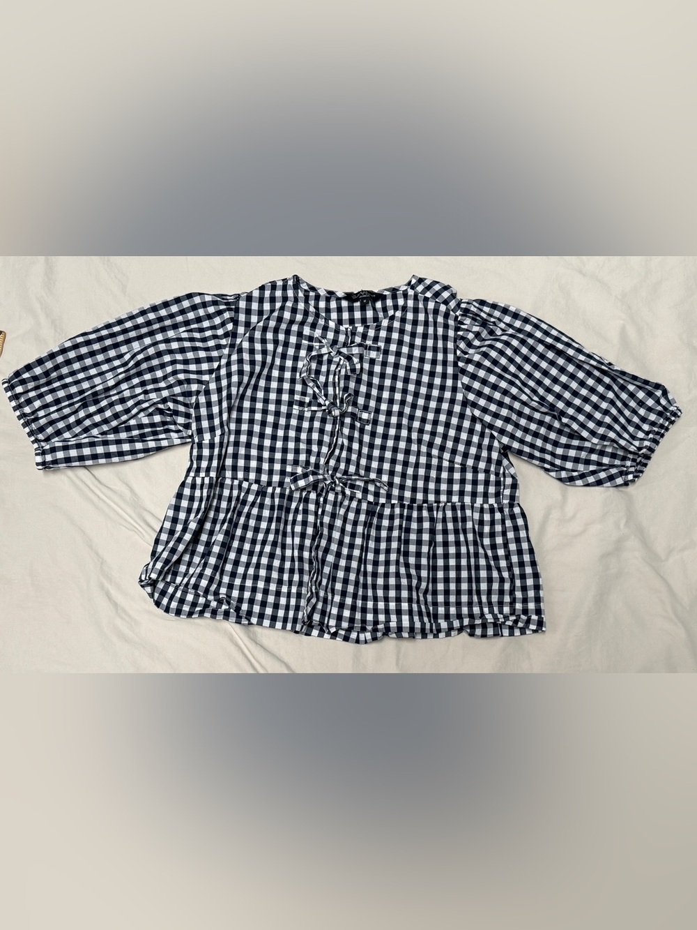 Velvet Heart Navy and White Gingham Tie-Front Peplum Top